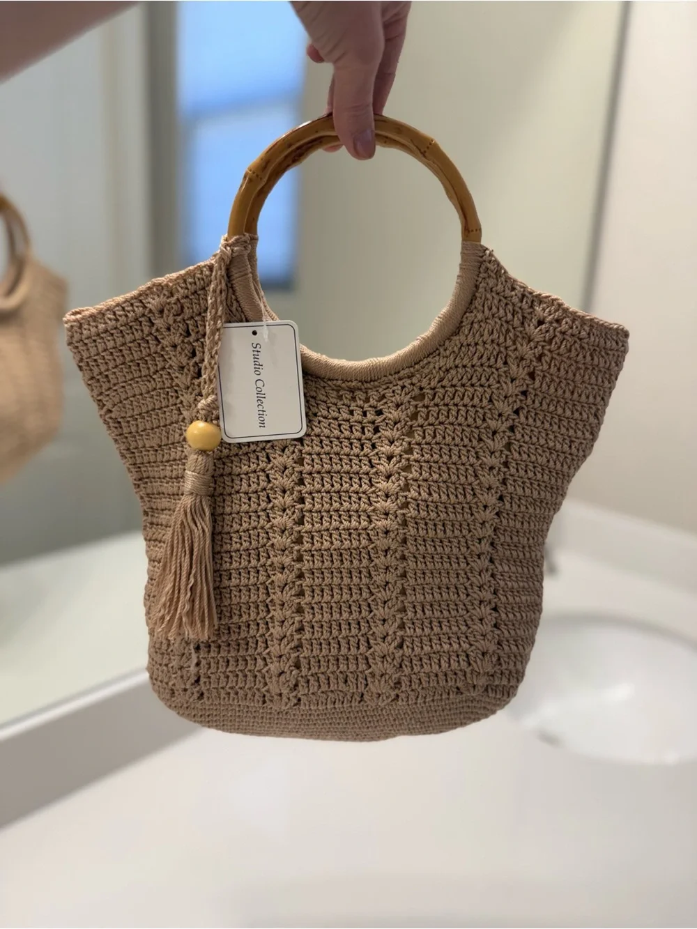 Studio Collection Crochet Tote in Beige with Bamboo Handles NWT